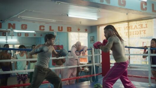 Liborio pelea en un gimnasio de boxeo de barrio mientras un grupo lo mira desde las cuerdas