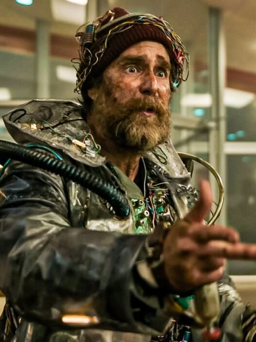 Sam Rockwell con un traje improvisado lleno de cables en una cafetería