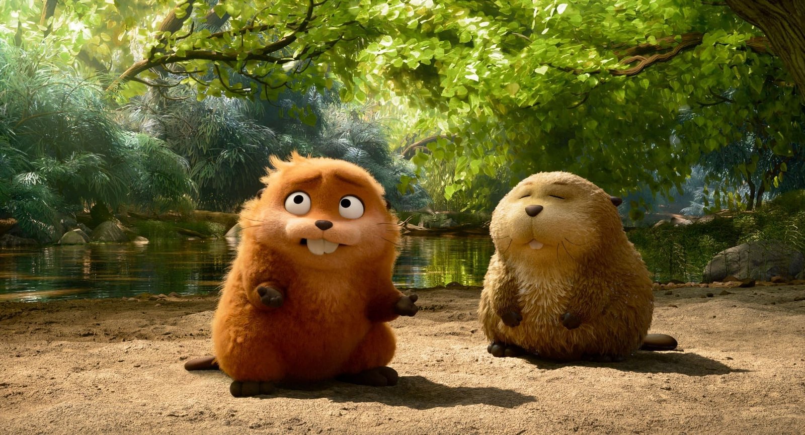 Dos castores animados en un estanque en Hoppers