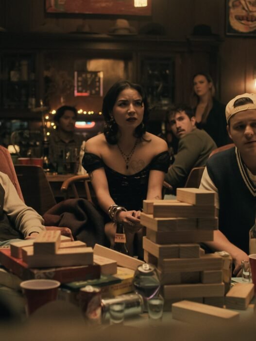 Personajes de Obsession sentados alrededor de una mesa con una torre de bloques de madera