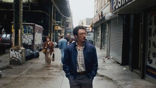 Irwin camina con las manos en los bolsillos por una calle de Nueva York bajo un tren elevado, rodeado de carros y graffiti de los años 80