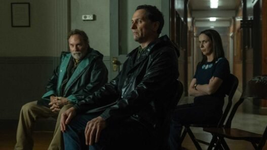 Stephen Root, Matthew Rhys y Kate O'Flynn sentados en un pasillo en Widow's Bay
