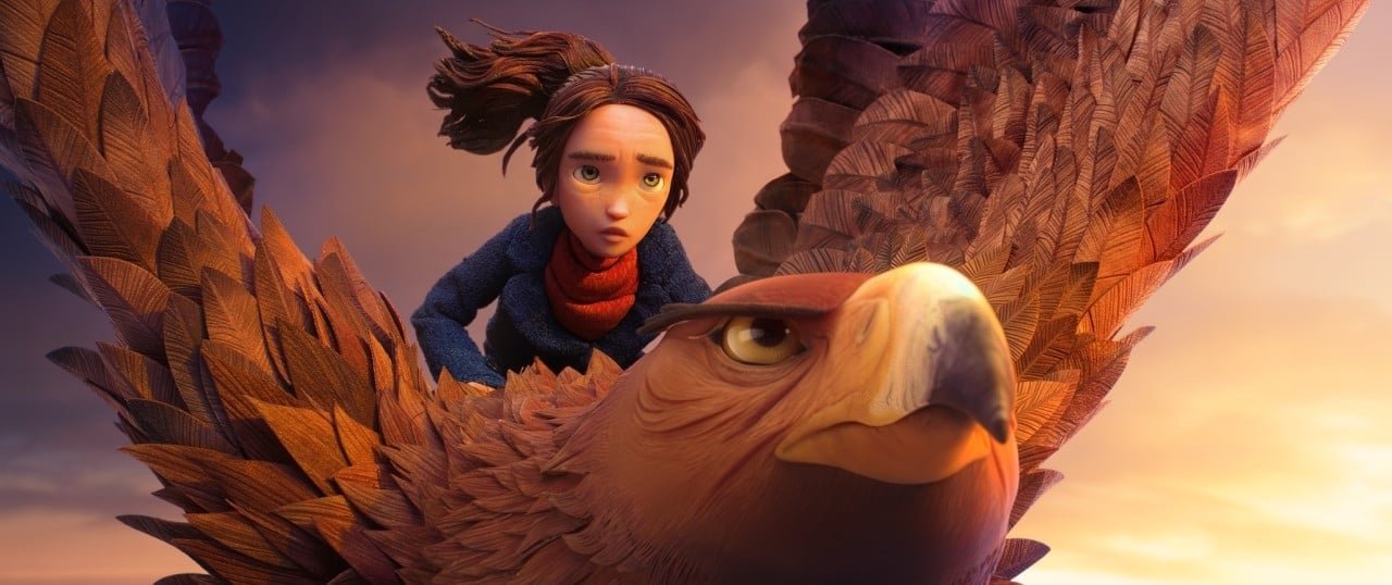 Prue vuela sobre un águila gigante entre las nubes al atardecer